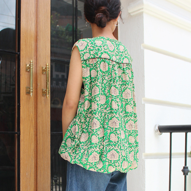 ◉真夏も涼しい◉マシュマロバルーンブラウス　エスニックグリーンB