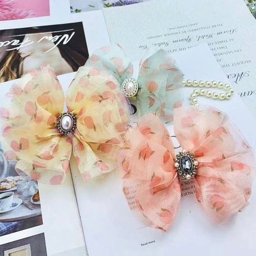 c24『長さ2M♥幅8cm』メッシュリボン チュール 生地 桃柄 リボン