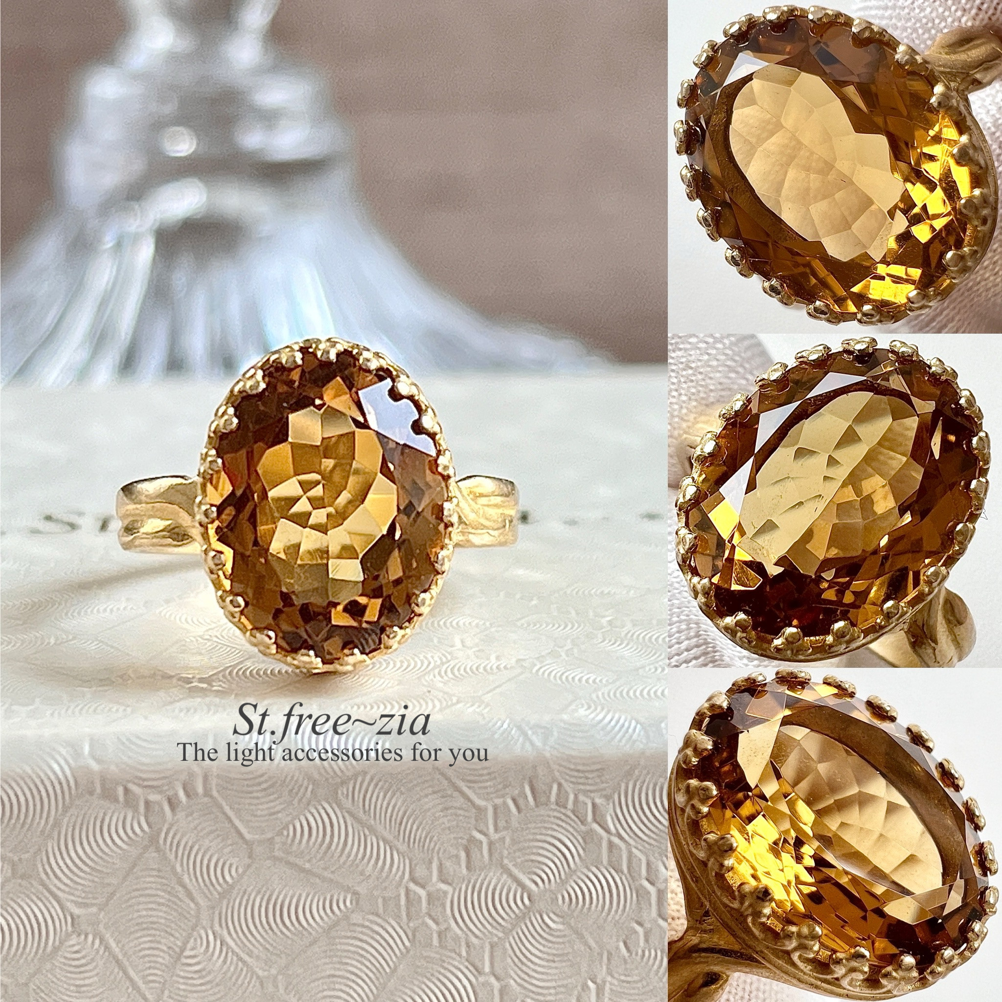 真鍮☆大粒☆宝石質ビアクォーツAAA☆11〜19号フリーサイズ☆13.8×10.8mm☆指輪☆天然石リング