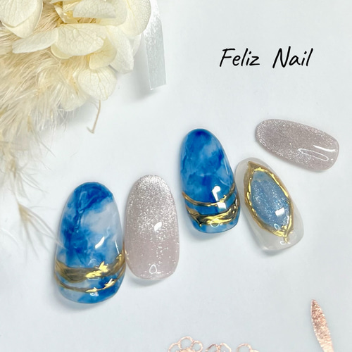 No.200/ネイルチップお上品 ニュアンス マグネット ブルー