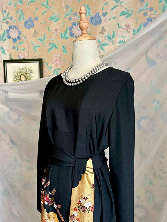 着物リメイク　1Lサイズ　金彩尽くし　黒留袖ドレス＆リボンベルト　長袖　ハンドメイド 人気・おすすめ｜売れ筋商品・話題商品におすすめ 品質チェック済み 安心配送 今月のおすすめ