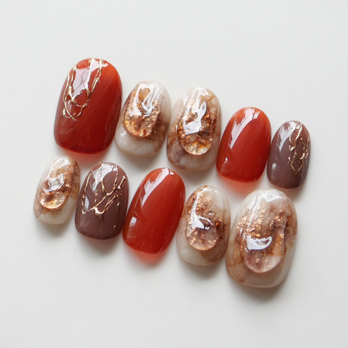 ネイルチップ ブラウン ニュアンス オレンジ ちゅるん オーダーネイル オレンジブラウンの奥行きニュアンスネイル◇ネイルチップ