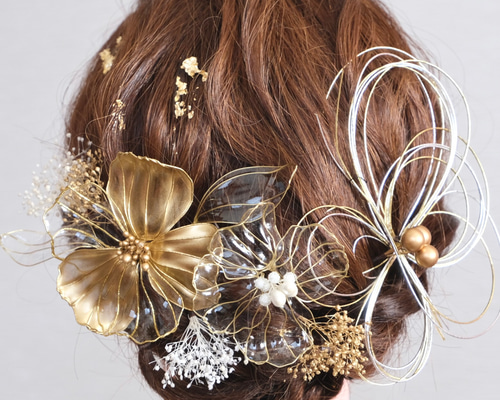 ディップフラワーゴールド 成人式 髪飾り アメリカンフラワー