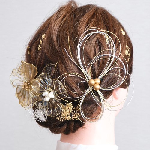 ディップフラワーゴールド 成人式 髪飾り アメリカンフラワー