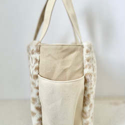 【Lサイズ】雪豹　ボア　倉敷帆布使用　肩掛けトートバッグ　サイドポケット　akaneko レオパレード 5枚目の画像