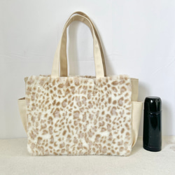 【Lサイズ】雪豹　ボア　倉敷帆布使用　肩掛けトートバッグ　サイドポケット　akaneko レオパレード 4枚目の画像
