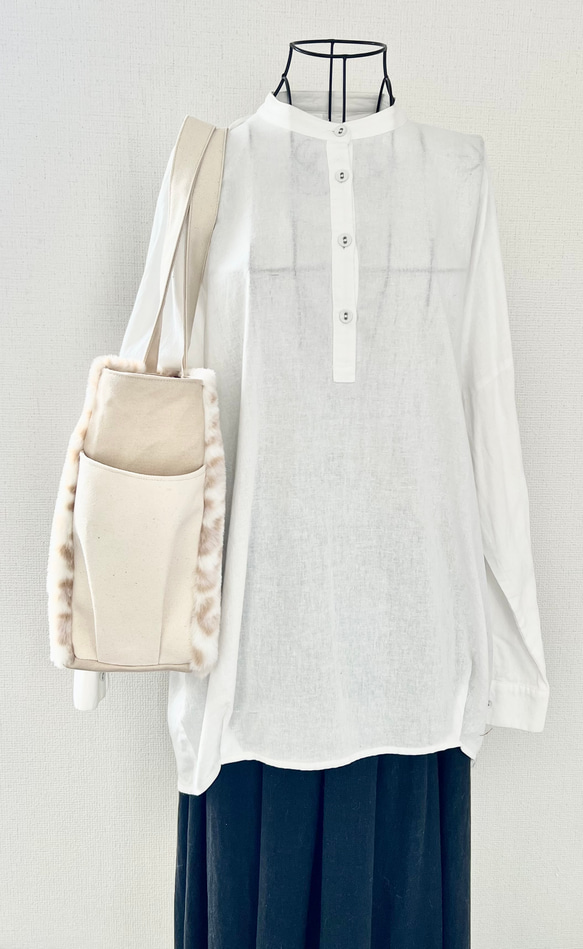 【Lサイズ】雪豹　ボア　倉敷帆布使用　肩掛けトートバッグ　サイドポケット　akaneko レオパレード 2枚目の画像