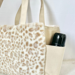 【Lサイズ】雪豹　ボア　倉敷帆布使用　肩掛けトートバッグ　サイドポケット　akaneko レオパレード 10枚目の画像