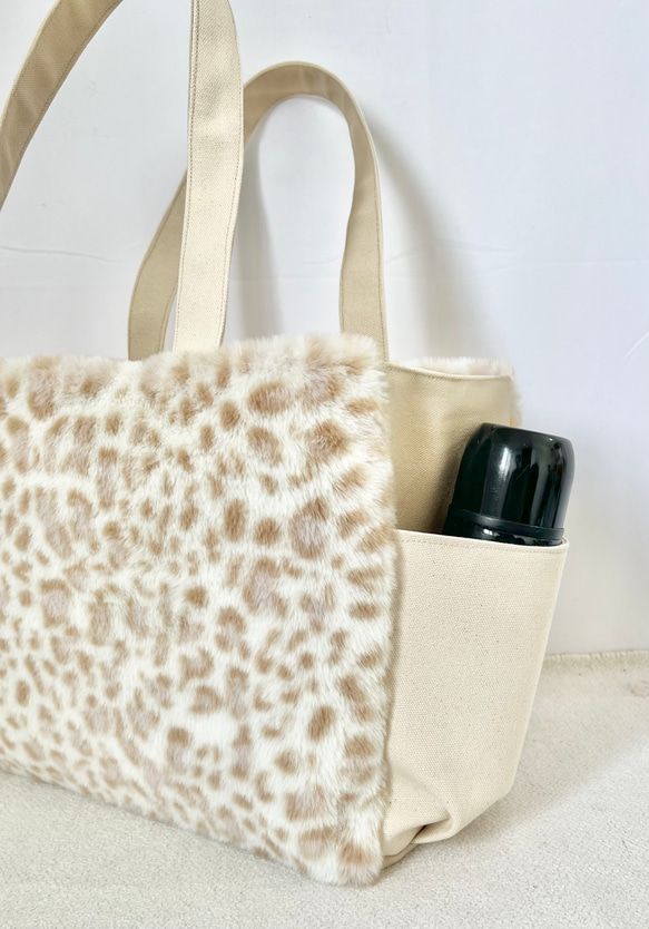 【Lサイズ】雪豹　ボア　倉敷帆布使用　肩掛けトートバッグ　サイドポケット　akaneko レオパレード 10枚目の画像