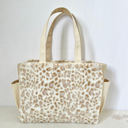 【Lサイズ】雪豹　ボア　倉敷帆布使用　肩掛けトートバッグ　サイドポケット　akaneko レオパレード 3枚目の画像