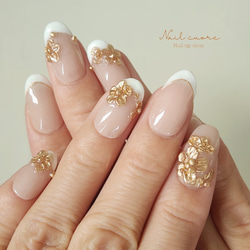 フレンチ 豪華 ミラーフラワーネイル ネイルチップ（つけ爪