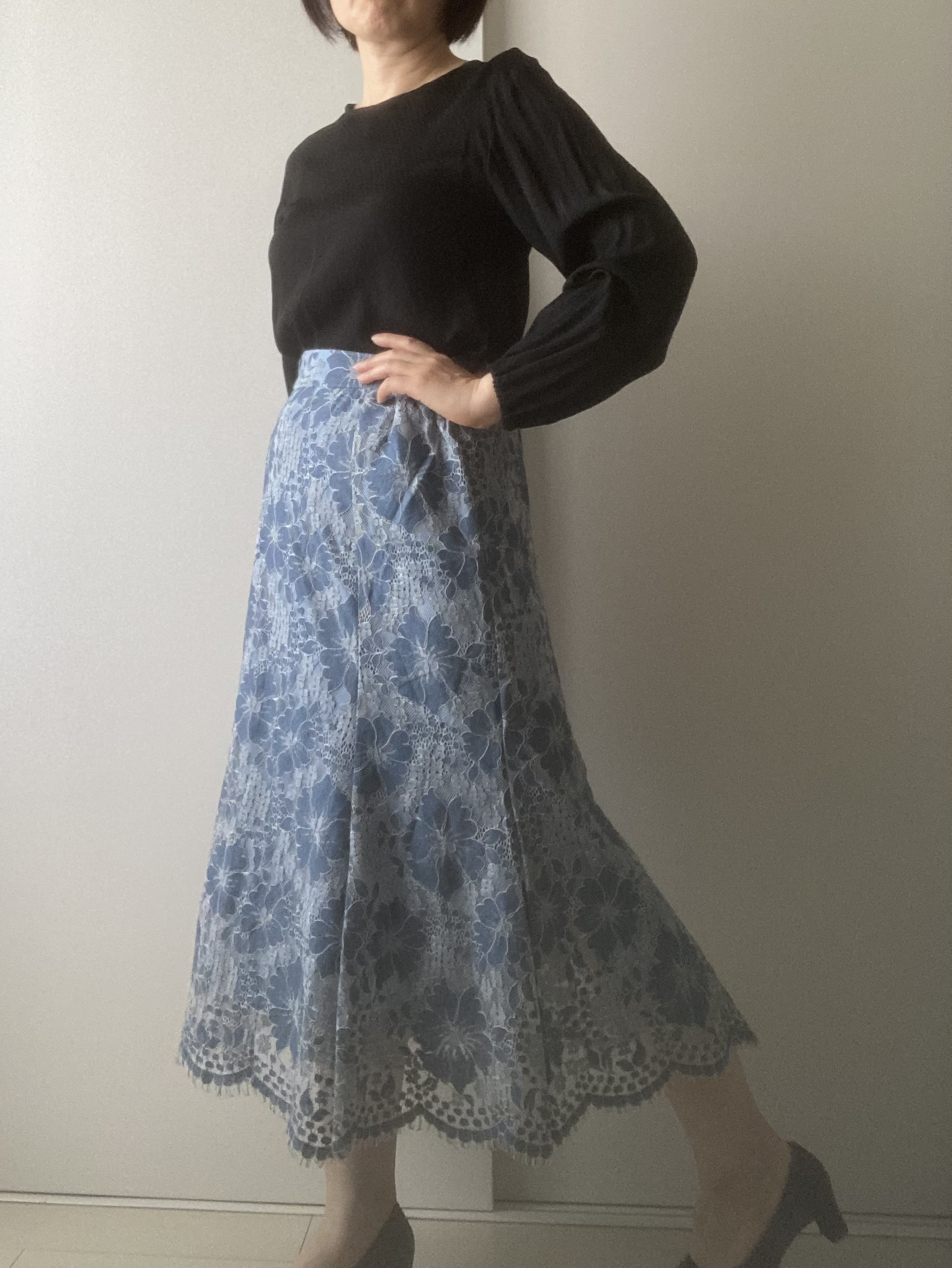 レースのマーメイドスカート　ブルーグレー