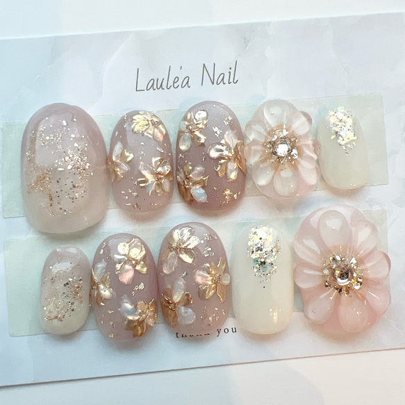 ネイルチップニュアンスぷっくりフラワーマグネットブライダルネイル成人式