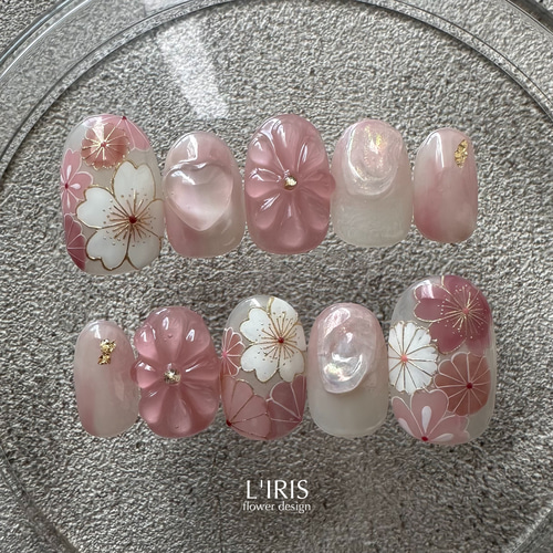 オーダー】成人式振袖前撮り卒業式和柄ピンク系ネイルチップ