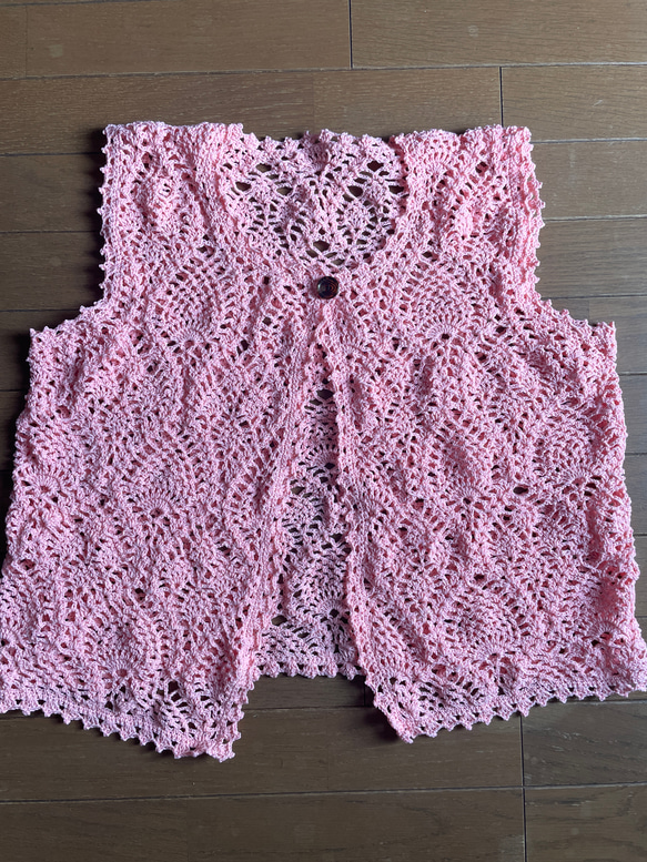 ハンドメイド 手編み ベスト レッド ピンク