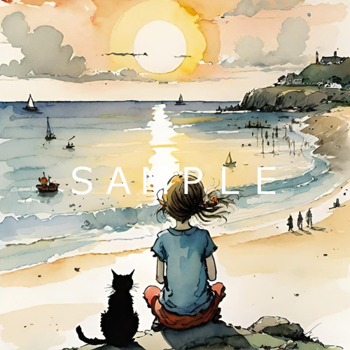 浜辺で海の夕陽を見ている少女と猫(オリジナルイラスト)A4 №s-8147