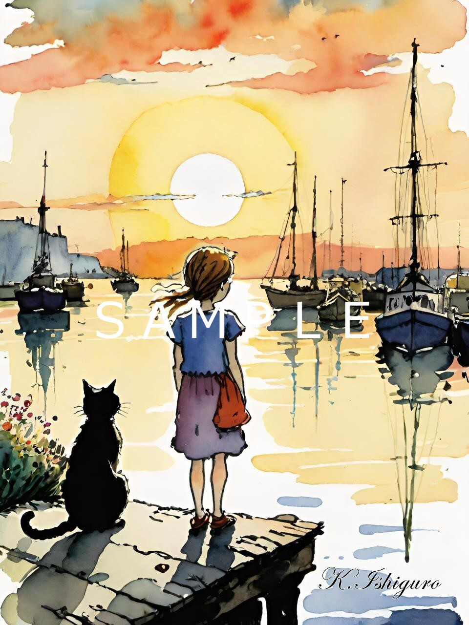 自作絵　海と少女と猫 自作絵　海と少女と猫