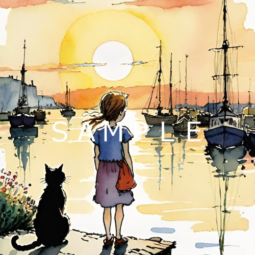 港で船と海の夕陽を見ている少女と猫(オリジナルイラスト)A4 №s-8158