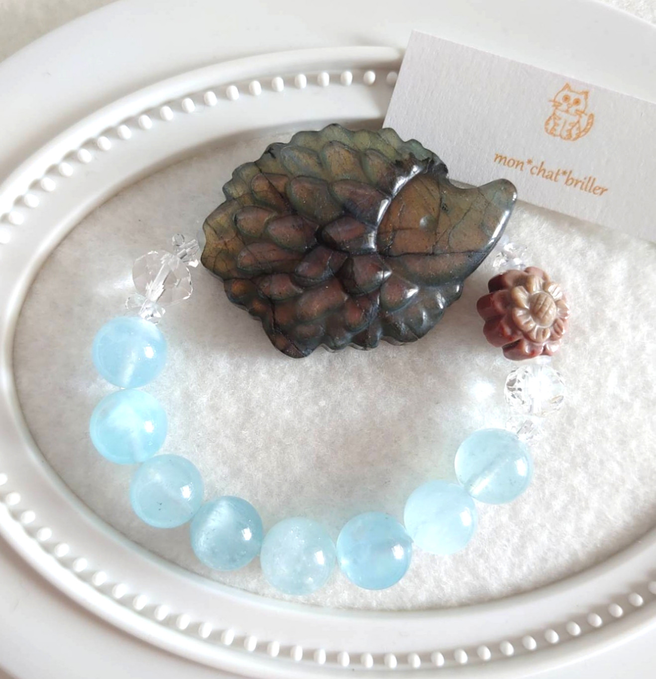 ラブラドライトハリネズミ　アクアマリンデザインブレスレット　素敵な逸品