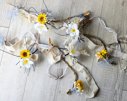 プルメリアとひまわりのSummerGarland with リボン 貝がら ガーランド