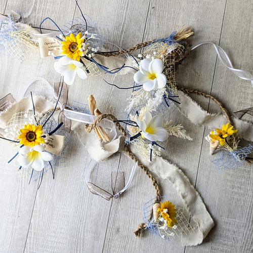 プルメリアとひまわりのSummerGarland with リボン 貝がら ガーランド