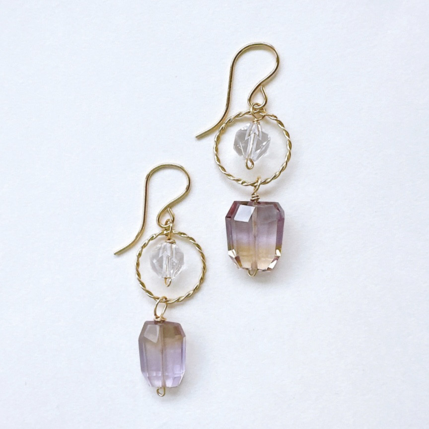 高品質アメトリンとクリスタルのゆらゆらピアス14kgf 2月誕生石　冬の誕生石2025