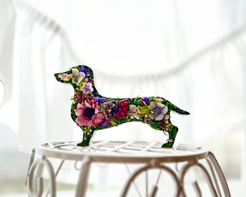 シーグラスアート クリームダックスフンド お花に囲まれて プレゼント シーグラスアート クリームダックスフンド お花 プレゼント
