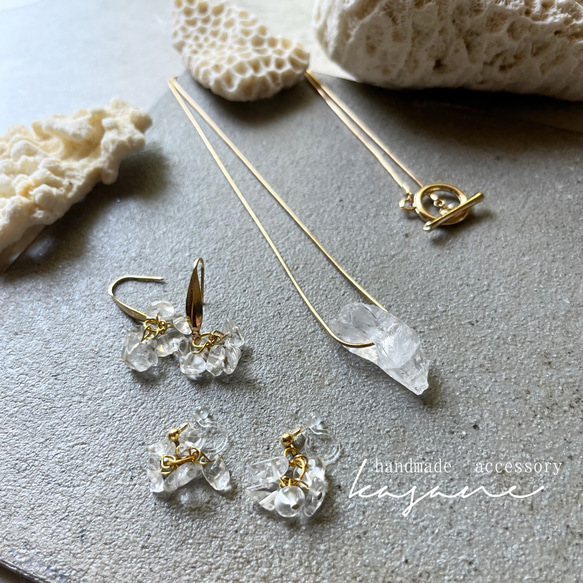 夏氷 クリスタルのネックレスとピアス/イヤリング 2点セット 水晶