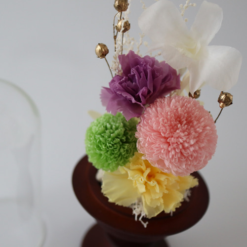 仏花　オガッチガラスドーム　プリザーブドフラワー　お盆　お彼岸　お供え 仏花 お供え プリザーブドフラワー #鼓（つづみ） ガラスドーム
