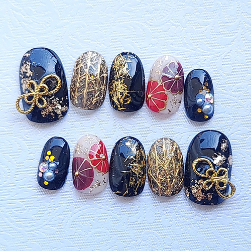 オーダーネイルチップ 黒 成人式 卒業式 結婚式 フォトウェディング 袴  