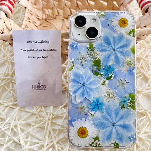 万華鏡紫陽花のナチュラルブルーの押し花スマホケース 全機種対応