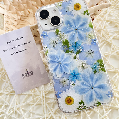 万華鏡紫陽花のナチュラルブルーの押し花スマホケース 全機種対応