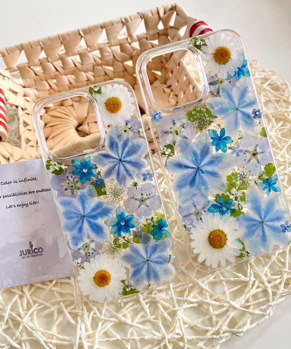 万華鏡紫陽花のナチュラルブルーの押し花スマホケース 全機種対応 