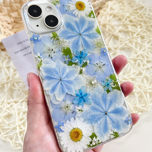 万華鏡紫陽花のナチュラルブルーの押し花スマホケース 全機種対応