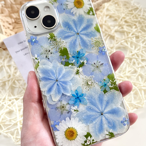万華鏡紫陽花のナチュラルブルーの押し花スマホケース 全機種対応