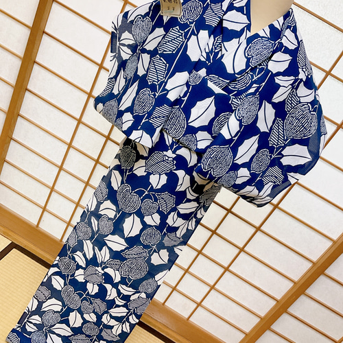 浴衣 反物 注染 新粋染 本染め 綿絽 鬼灯 白色×ブルー 夏着物 未