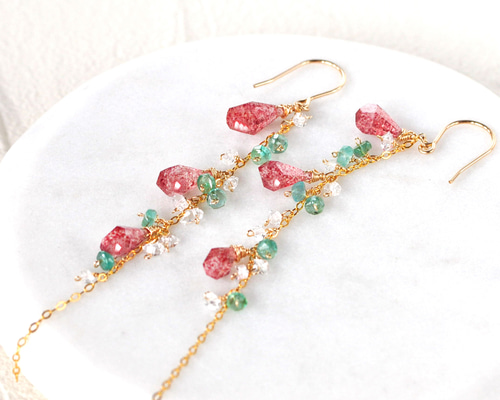 dino13✾14kgf 14kgf/[華麗]ストロベリークォーツxエメラルドxハーキマーダイヤモンド