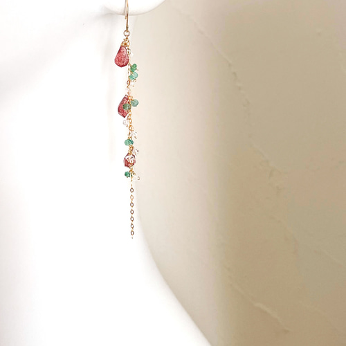 14kgf/[華麗]ストロベリークォーツxエメラルドxハーキマーダイヤモンド