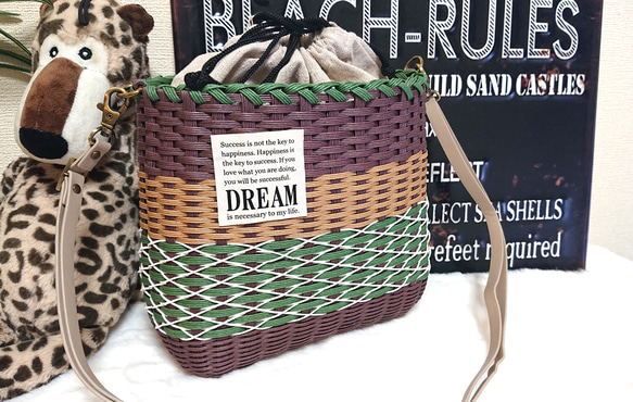 クラフトバンド＊かごバッグショルダーM/掛け編みグリーン×ココア