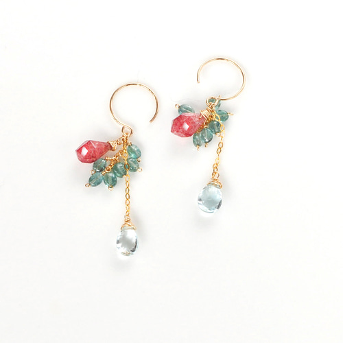 14kgf/ストロベリークォーツxアクアマリンxグリーントルマリンピアス 