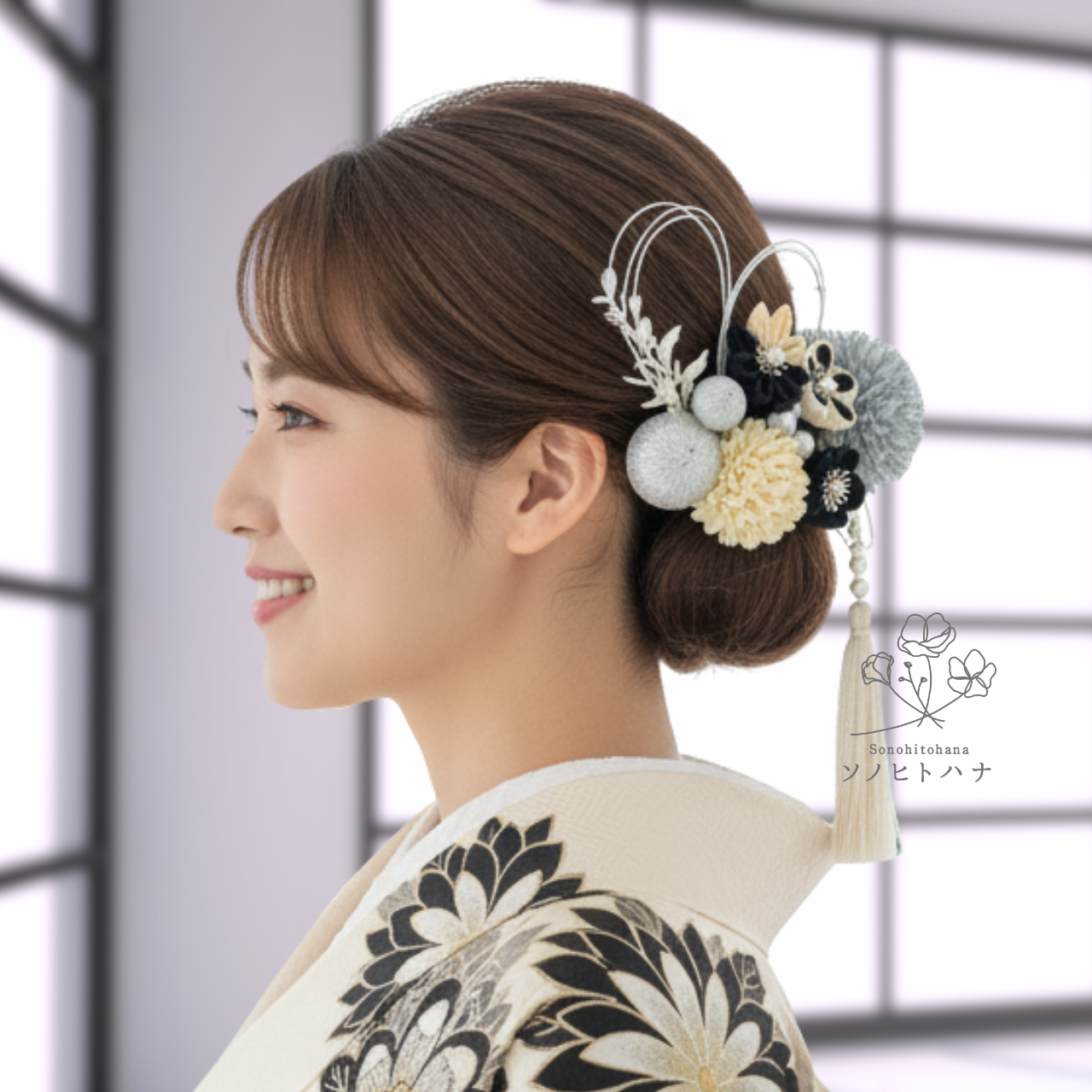 【成人式・卒業式・結婚式】黒×銀 つまみ細工の髪飾り｜振袖・袴・和装に　KA-2404BL