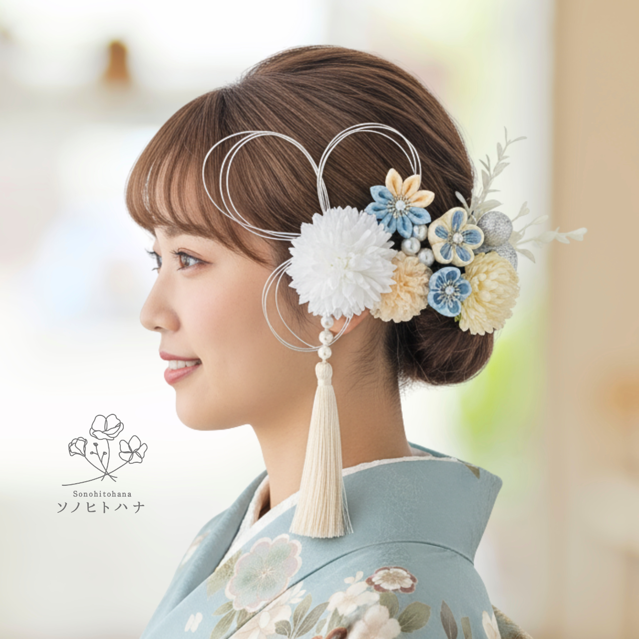 【成人式・卒業式・結婚式】水色×銀 つまみ細工の髪飾り｜振袖・袴・和装に　KA-2404LB