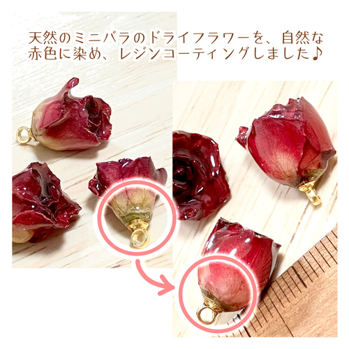 自然な赤色に染めた本物ドライフラワー✧赤染めミニ薔薇のカン付き 