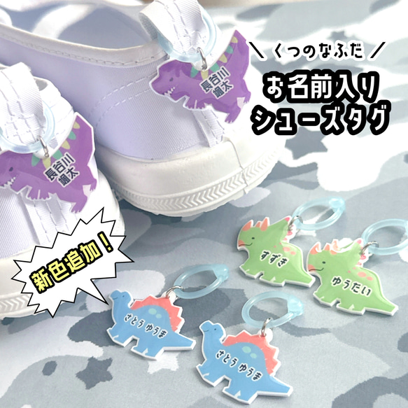 新色追加☆コミカルでカラフルな恐竜たち☆ お名前入りのシューズタグ 