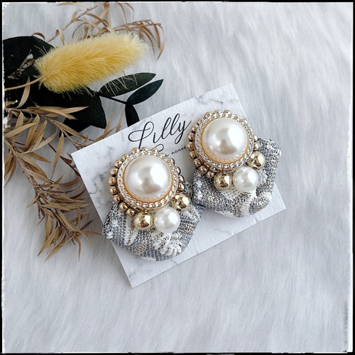 1808.ビーズ刺繍 インド刺繍リボン パール ピアス イヤリング