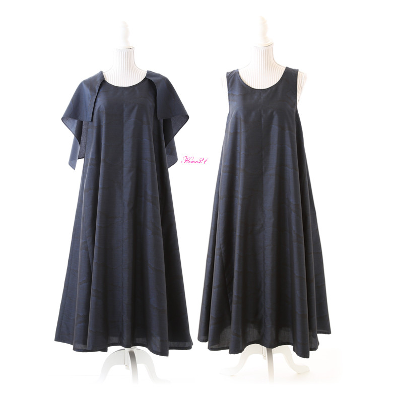 大島紬　フリル袖ロングワンピース　ネイビー×亀甲　ハンドメイド♡ LL 着物リメイク 正絹 大島紬 紺花 フリル袖ゆったりワンピース