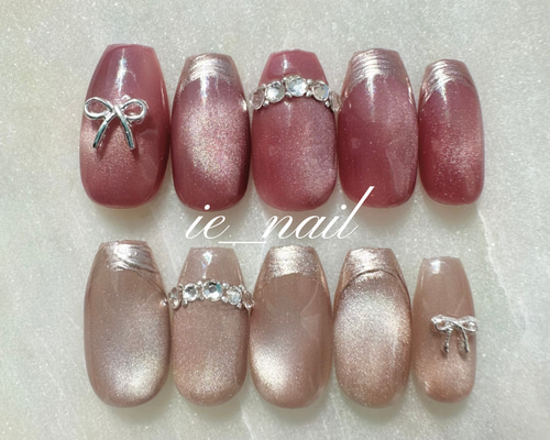 オーダーネイルチップ　ニュアンスリボンワンホン推しネイルマグネットno.70 ネイルチップ ニュアンスネイル ワンホンネイル 韓国ネイル