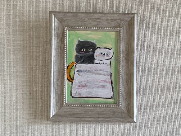 絵画。原画【袋の中のかわいい猫たちを連れて買い物に行く】