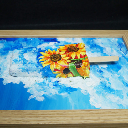 油絵 油彩 油彩画 絵 絵画【青空と雲とひまわりの解けないアイス