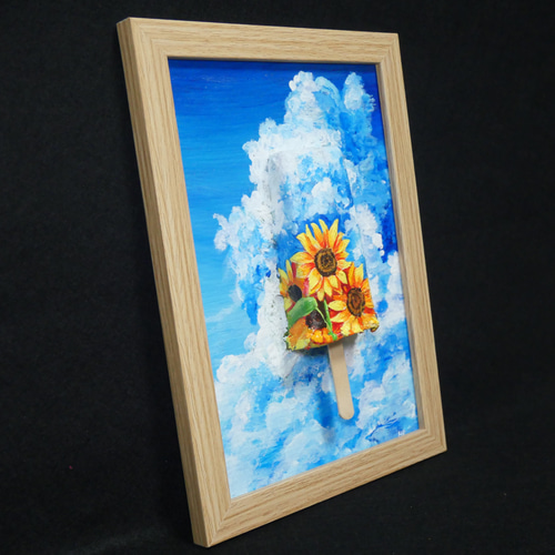 油絵 油彩 油彩画 絵 絵画【青空と雲とひまわりの解けないアイスキャンディー】 油絵 油彩 油彩画 絵 絵画【青空と雲とひまわりの解けないアイス